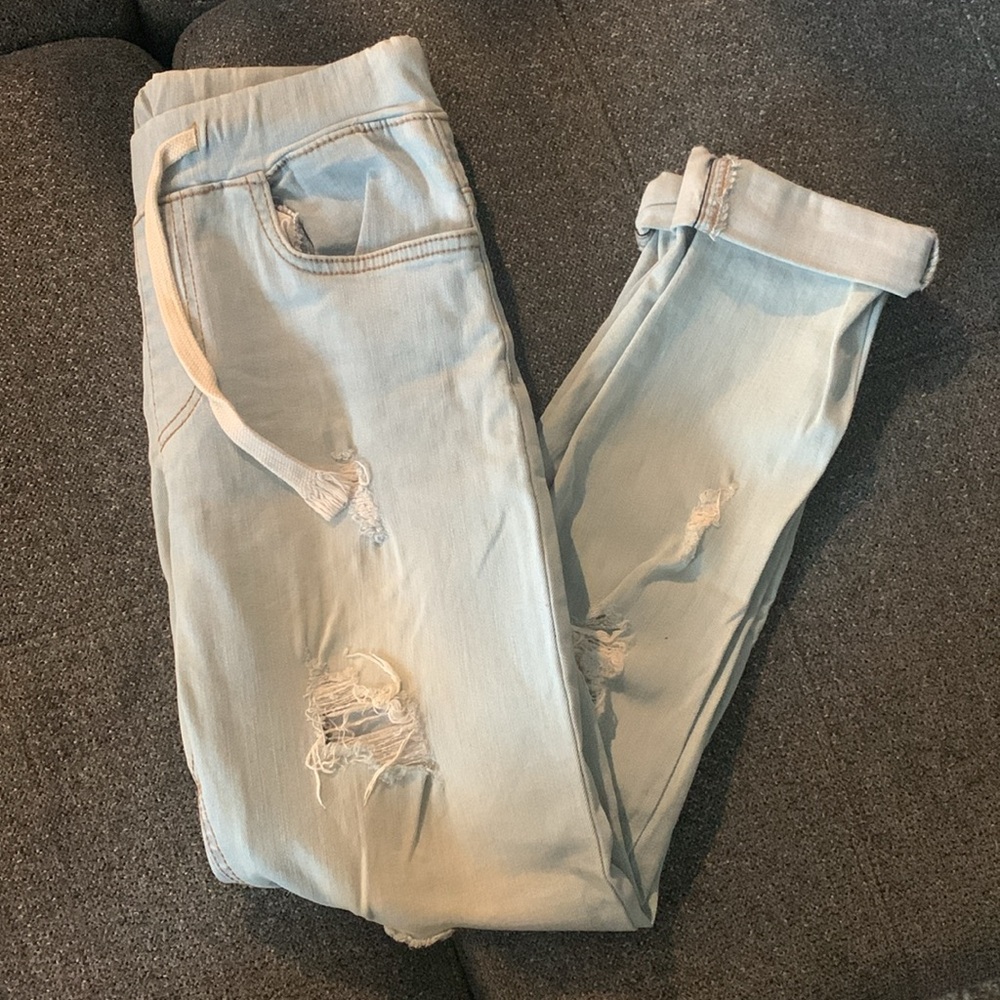 Stone washed ripped skinny jeans with drawstring